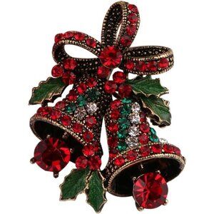 Elegant Vintage Christmas Bell Brooch – Red & Green Rhinestone Holiday Pin
